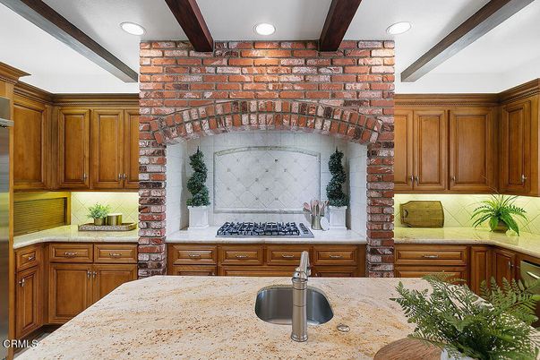 Interior, Kitchen, Recessed Lighting, Stainless Steel Appliances, Stone Walls, Wooden Beams