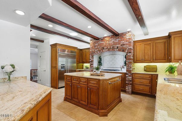 Interior, Kitchen, Recessed Lighting, Stainless Steel Appliances, Stone Walls, Wooden Beams