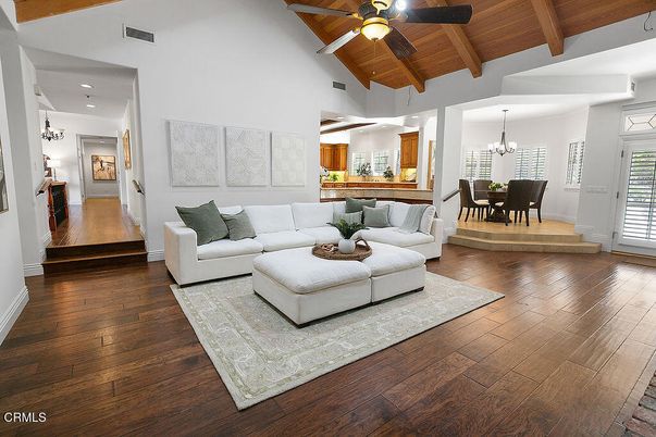 Chandelier, Dining room, Interior, Living room, Recessed Lighting, Wooden Beams, Wooden Ceilings, Wood Texture Flooring