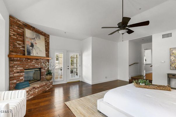 Bedroom, Fireplace, Interior, Stone Walls, Wood Texture Flooring