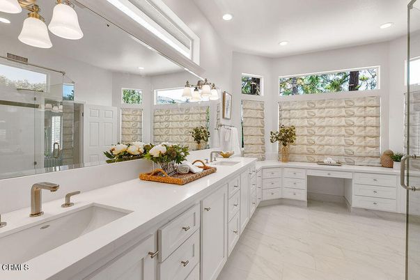 Bathroom, Dual Sink Vanities, Glass Shower, Interior, Marble, Recessed Lighting