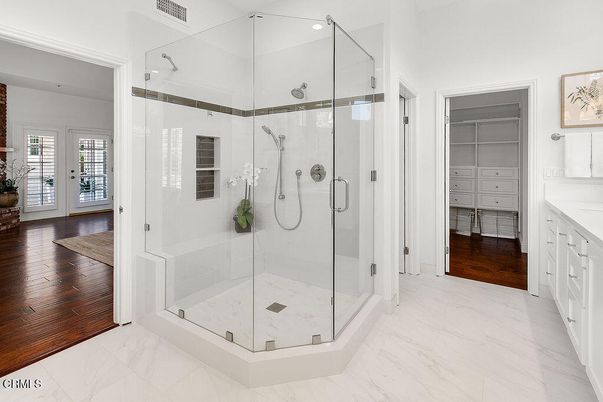 Bathroom, Glass Shower, Interior, Marble, Wood Texture Flooring