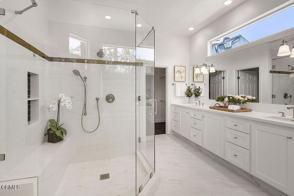 Bathroom, Dual Sink Vanities, Glass Shower, Interior, Marble, Recessed Lighting
