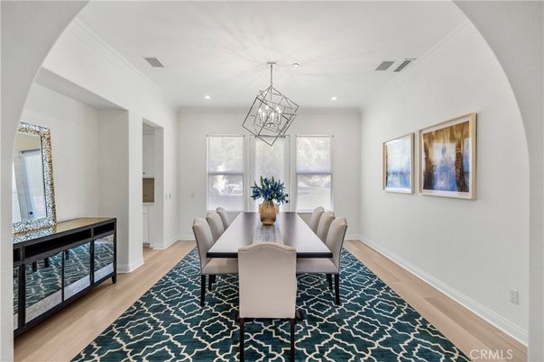 Dining room, Interior, Pendant Lights, Recessed Lighting, Wood Texture Flooring