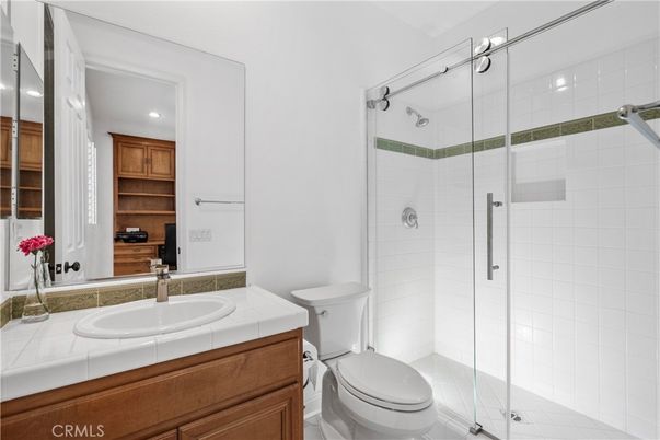 Bathroom, Glass Shower, Interior, Recessed Lighting, Tile Countertops