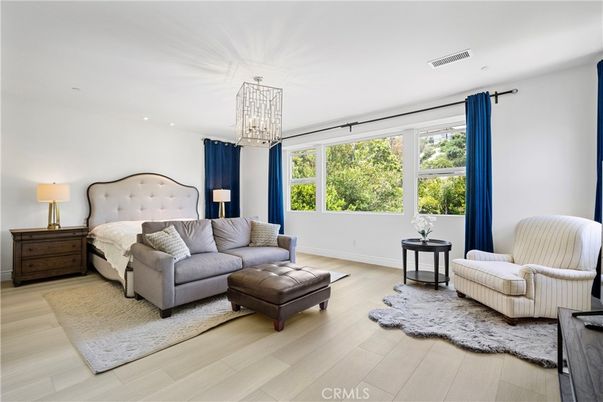 Bedroom, Chandelier, Interior, Pendant Lights, Recessed Lighting, Wood Texture Flooring