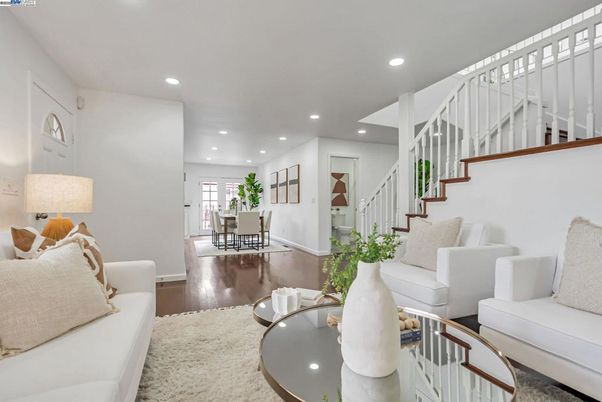 Dining room, Interior, Living room, Recessed Lighting, Wood Texture Flooring