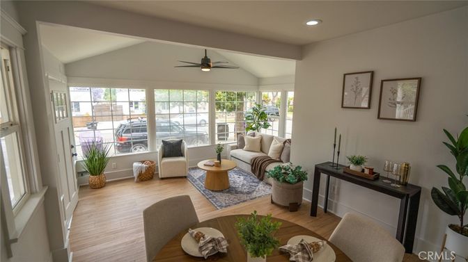 Dining room, Interior, Living room, Recessed Lighting, Wood Texture Flooring