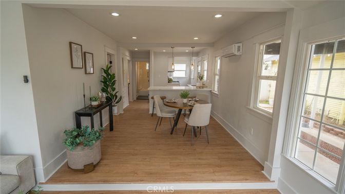 Dining room, Interior, Pendant Lights, Recessed Lighting, Wood Texture Flooring