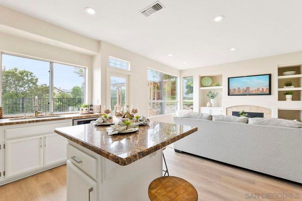 Fireplace, Interior, Kitchen, Living room, Recessed Lighting, Wood Texture Flooring