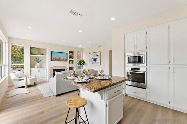 Fireplace, Interior, Kitchen, Living room, Recessed Lighting, Stainless Steel Appliances, Wood Texture Flooring