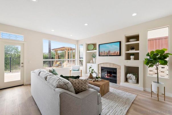 Fireplace, Interior, Living room, Recessed Lighting, Wood Texture Flooring