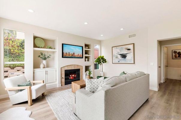 Fireplace, Interior, Living room, Recessed Lighting, Wood Texture Flooring