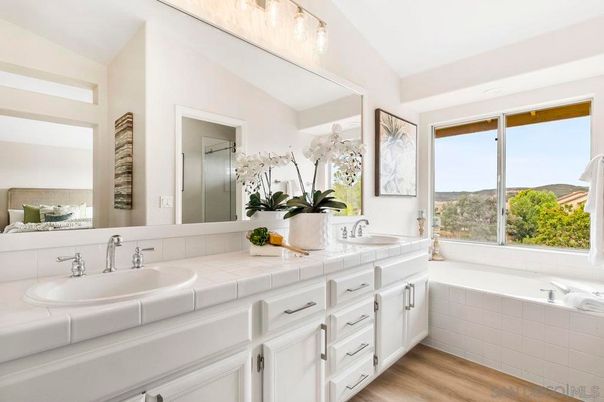 Bathroom, Dual Sink Vanities, Interior, Tile Countertops, Wood Texture Flooring