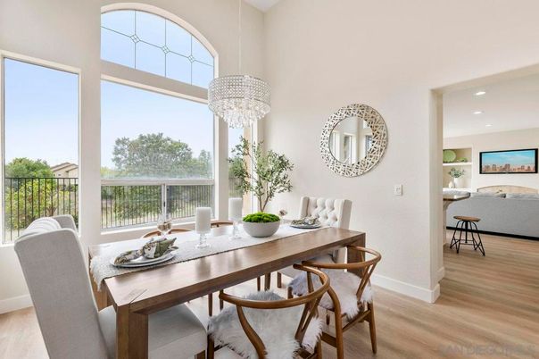 Chandelier, Dining room, Interior, Recessed Lighting, Wood Texture Flooring
