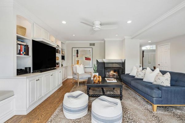 Fireplace, Interior, Living room, Recessed Lighting, Wood Texture Flooring