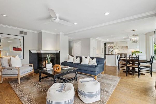 Dining room, Fireplace, Interior, Kitchen, Living room, Pendant Lights, Recessed Lighting, Wood Texture Flooring