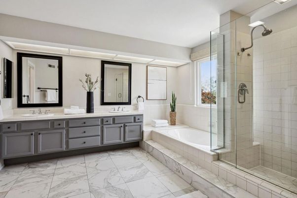 Bathroom, Dual Sink Vanities, Glass Shower, Interior, Marble