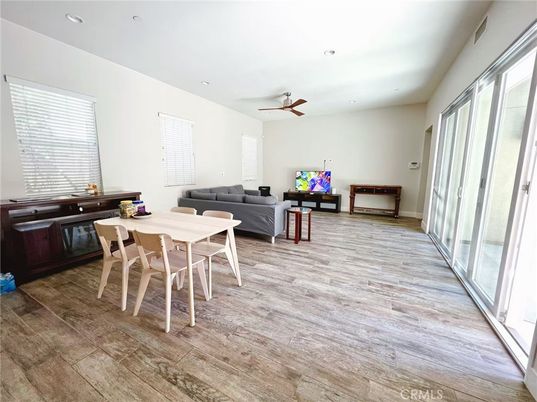 Dining room, Interior, Living room, Recessed Lighting, Wood Texture Flooring