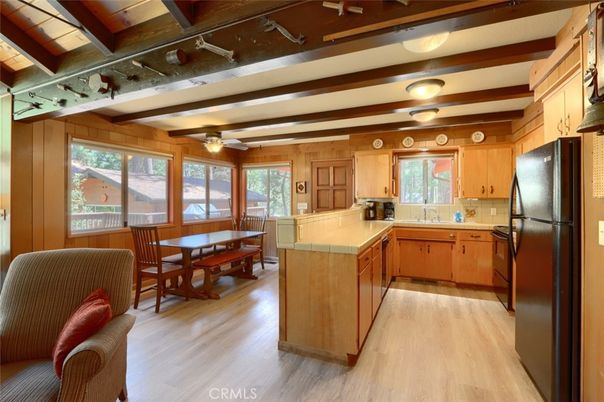 Dining room, Interior, Kitchen, Tile Countertops, Wooden Beams, Wood Texture Flooring