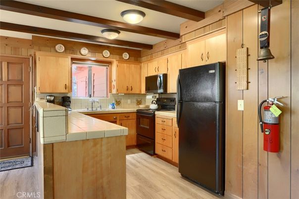 Interior, Kitchen, Tile Countertops, Wooden Beams, Wood Texture Flooring