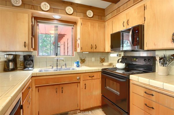 Interior, Kitchen, Tile Countertops, Wood Texture Flooring
