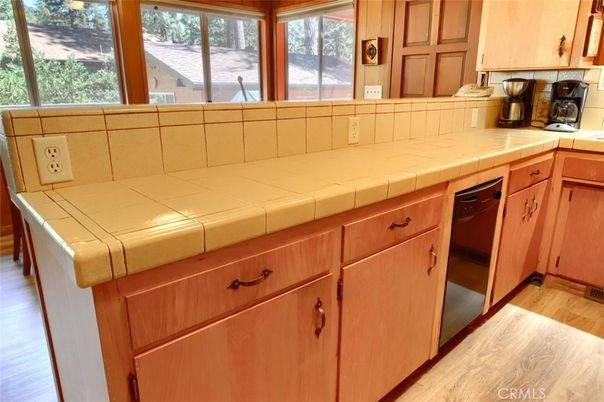 Interior, Kitchen, Tile Countertops, Wood Texture Flooring