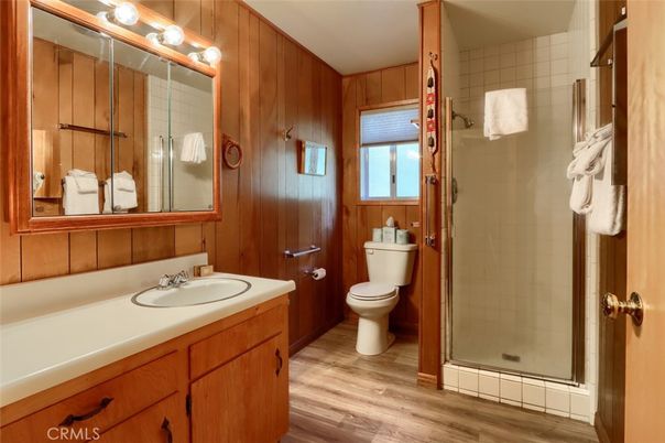 Bathroom, Glass Shower, Interior, Wood Texture Flooring