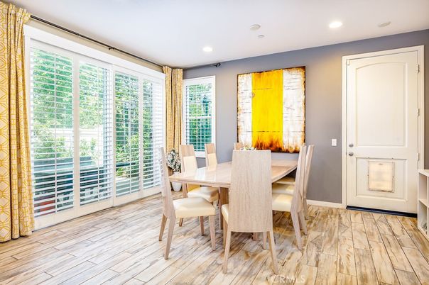 Dining room, Interior, Recessed Lighting, Wood Texture Flooring