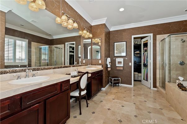 Bathroom, Dual Sink Vanities, Glass Shower, Interior, Recessed Lighting, Tile Countertops