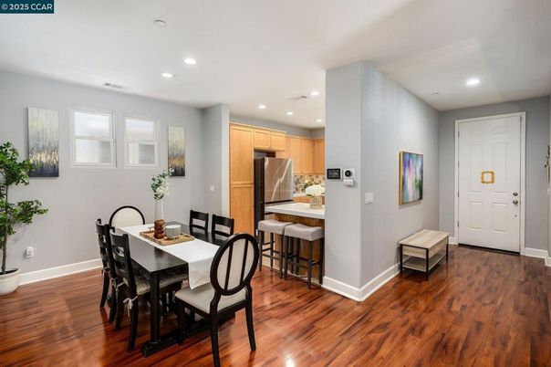 Dining room, Interior, Kitchen, Recessed Lighting, Stainless Steel Appliances, Wood Texture Flooring