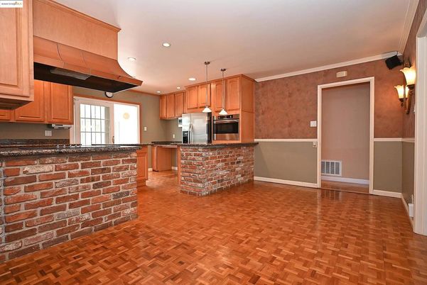 Interior, Kitchen, Pendant Lights, Recessed Lighting, Stone Walls, Wood Texture Flooring