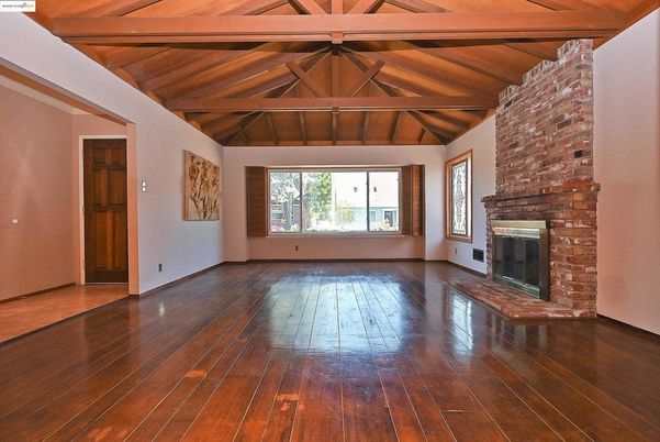 Empty room, Fireplace, Interior, Stone Walls, Wooden Beams, Wooden Ceilings, Wood Texture Flooring