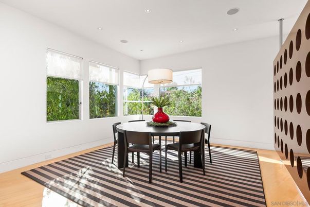 Dining room, Interior, Recessed Lighting, Wood Texture Flooring