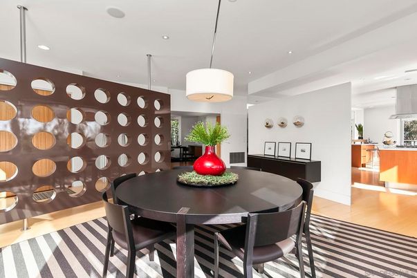 Dining room, Interior, Pendant Lights, Recessed Lighting, Wood Texture Flooring