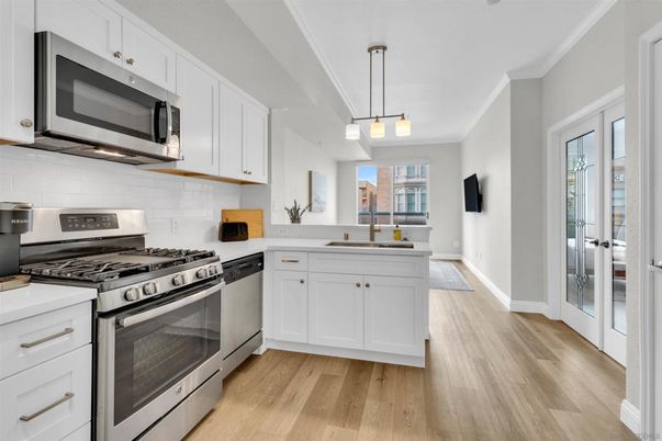 Interior, Kitchen, Pendant Lights, Stainless Steel Appliances, Wood Texture Flooring