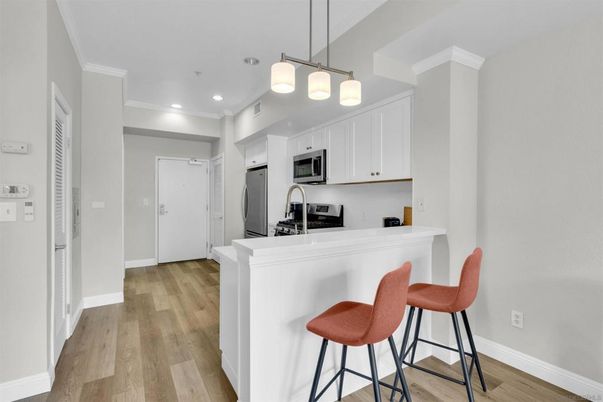 Interior, Kitchen, Pendant Lights, Recessed Lighting, Stainless Steel Appliances, Wood Texture Flooring