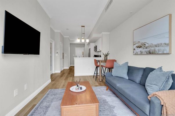 Dining room, Interior, Kitchen, Living room, Pendant Lights, Stainless Steel Appliances, Wood Texture Flooring