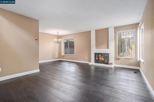 Chandelier, Empty room, Fireplace, Interior, Wood Texture Flooring
