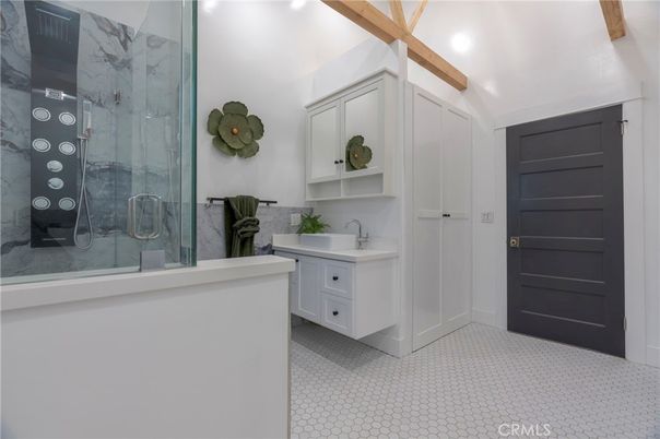 Bathroom, Glass Shower, Interior, Recessed Lighting, Wooden Beams