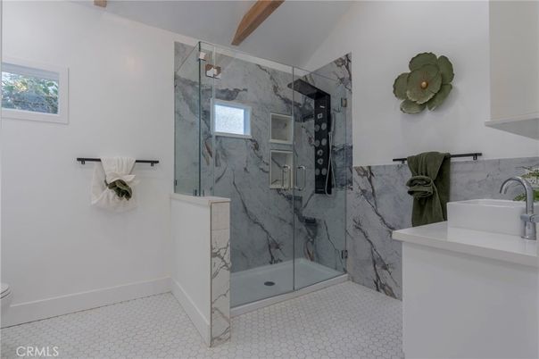 Bathroom, Glass Shower, Interior, Marble Walls, Wooden Beams