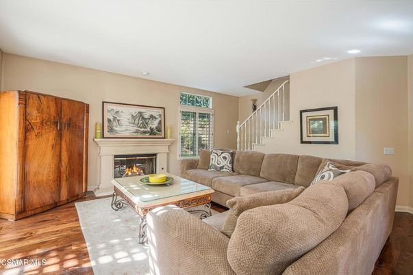 Fireplace, Interior, Living room, Recessed Lighting, Wood Texture Flooring