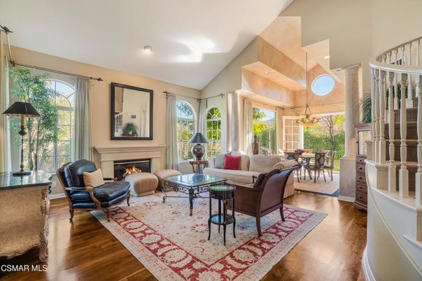 Dining room, Fireplace, Interior, Living room, Pendant Lights, Recessed Lighting, Wood Texture Flooring