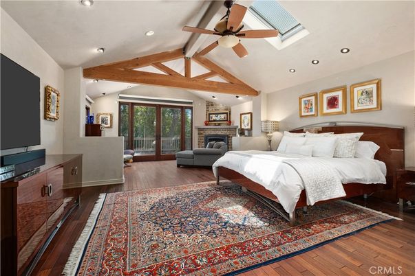 Bedroom, Fireplace, Interior, Recessed Lighting, Wooden Beams, Wood Texture Flooring