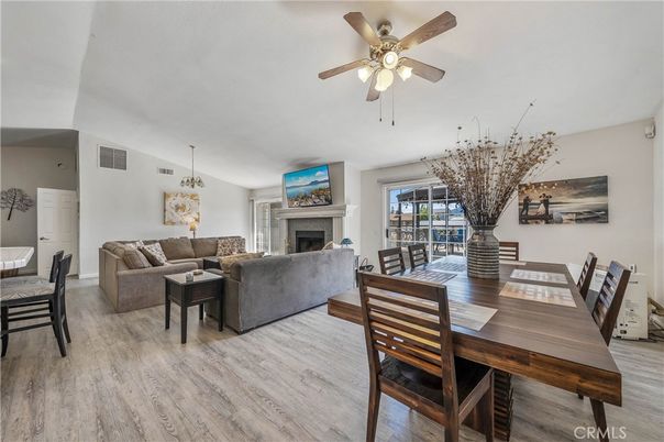 Dining room, Fireplace, Interior, Living room, Pendant Lights, Wood Texture Flooring