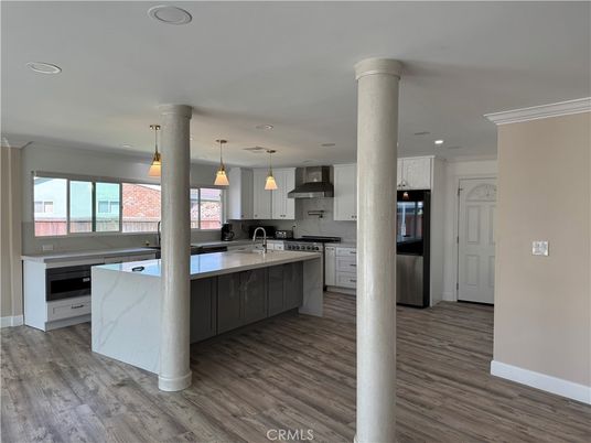 Interior, Kitchen, Pendant Lights, Recessed Lighting, Stainless Steel Appliances, Wood Texture Flooring