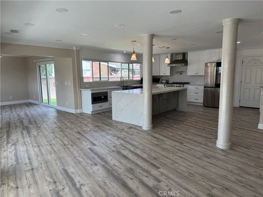 Interior, Kitchen, Pendant Lights, Recessed Lighting, Stainless Steel Appliances, Wood Texture Flooring