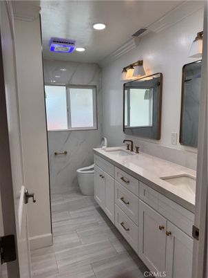 Bathroom, Dual Sink Vanities, Interior, Marble Walls, Recessed Lighting