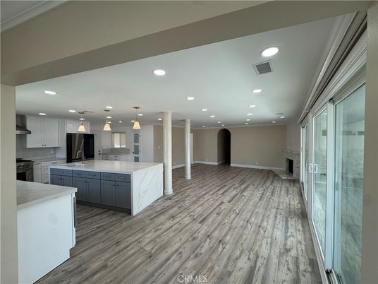 Interior, Kitchen, Pendant Lights, Recessed Lighting, Stainless Steel Appliances, Wood Texture Flooring