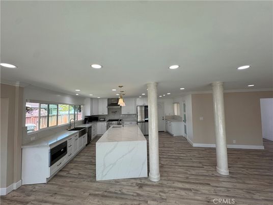 Interior, Kitchen, Pendant Lights, Recessed Lighting, Stainless Steel Appliances, Wood Texture Flooring